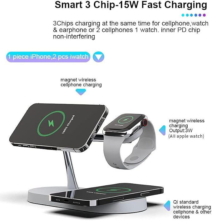 5 in 1 Magnetic Wireless Charging Stand, 15W Fast Mag-Safe Charging Station ，with Neutral Light Design for iPhone 17/16/15/14/13/12 Series, iWatch 7/SE/6/5/4/3/2, Airpods 3/2/Pro (White)