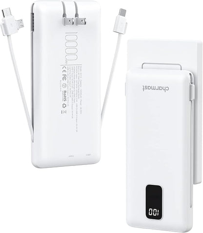 charmast Portable Charger with Built-in Cables and Wall Plug, 10000mAh USB C Portable Power Bank, Potable Phone Charger, Travel Essentials Compatible with iPhones, Samsung Galaxy, iPad