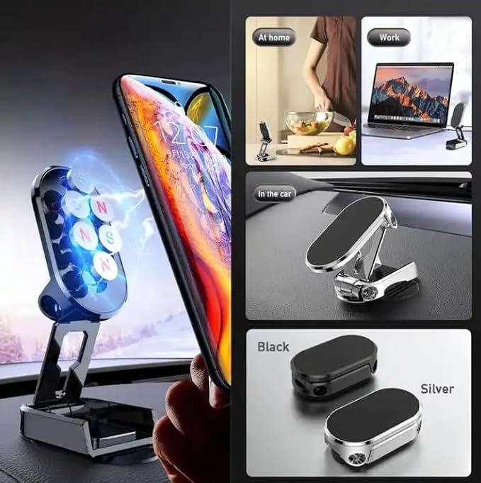 Magnetic Car Phone Holders - Foldable & Retractable Arms, N52 Magnets, 360° Rotation, Strong VHB Dashboard Adhesion, Universal Compatibility (2-Pack)