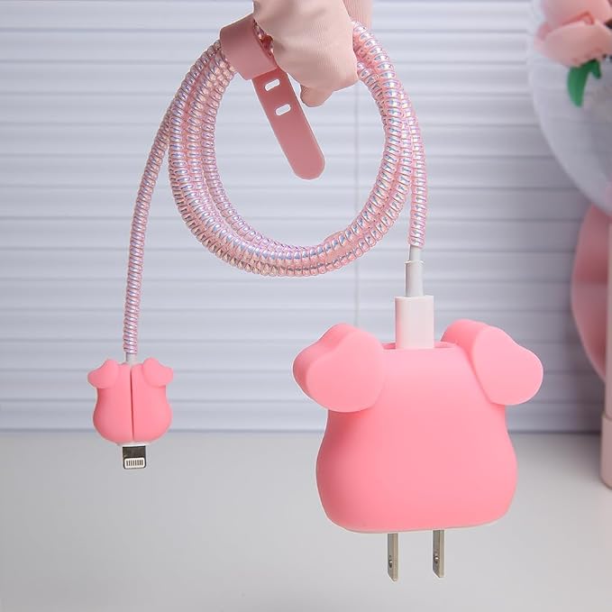 Compatible with Apple 20W/18W USB-C Adapter Charger, 3D Cartoon Protective Case for iPhone 20W USB-C Power Adapter Charger Fast Lightning Cable Cable Cover (Bowknot Pig)