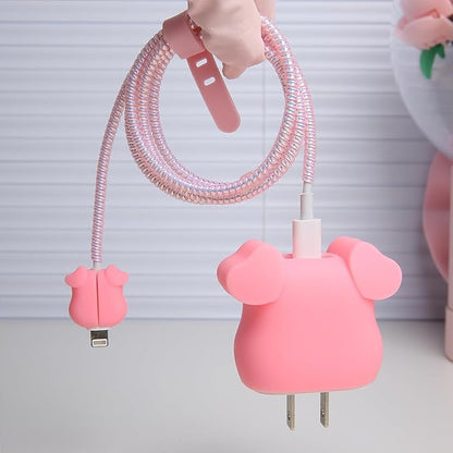 Compatible with Apple 20W/18W USB-C Adapter Charger, 3D Cartoon Protective Case for iPhone 20W USB-C Power Adapter Charger Fast Lightning Cable Cable Cover (Bowknot Pig)