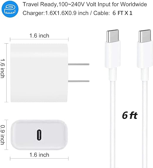 USB C Fast Charger for Apple iPad Pro 13/12.9/11 in 2026-2018,iPad 11th(A16),iPad Air 5th/Mini 7th,iPhone 17/16/15 Series,USB C Charger Fast Charging Adapter Wall Block with 6FT USBC to C Cable Cord