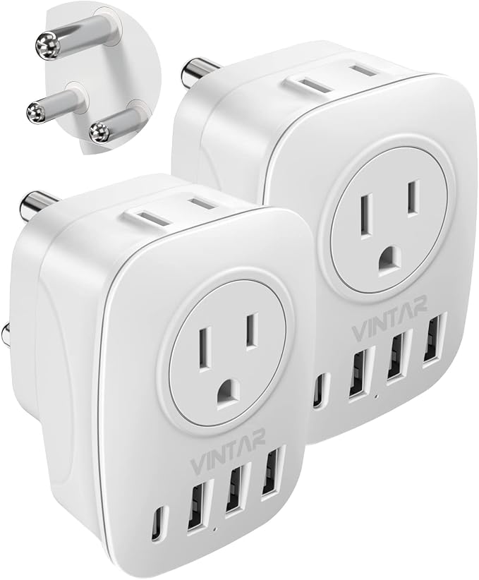 2 Pack South Africa Plug Adapter, VINTAR Type M Plug Adapter with 1 USB C, 3 USB Ports and 2 American Outlets, 6 in 1 Travel Adapter for US to Namibia, Nepal, Botswana