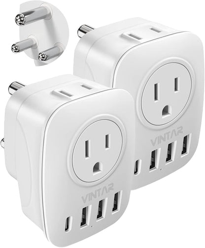 2 Pack South Africa Plug Adapter, VINTAR Type M Plug Adapter with 1 USB C, 3 USB Ports and 2 American Outlets, 6 in 1 Travel Adapter for US to Namibia, Nepal, Botswana