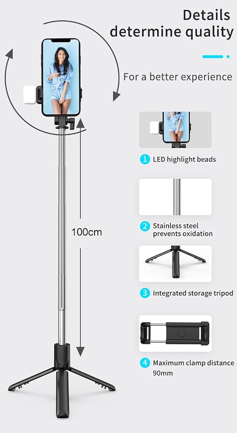 Tianle Selfie Stick with Fill Light, 40 Inch Phone Tripod Extendable Cell Phone Tripod Stand with Wireless Remote and Phone Holder Compatible with iPhone Android for Selfie, Video Recording, Photo