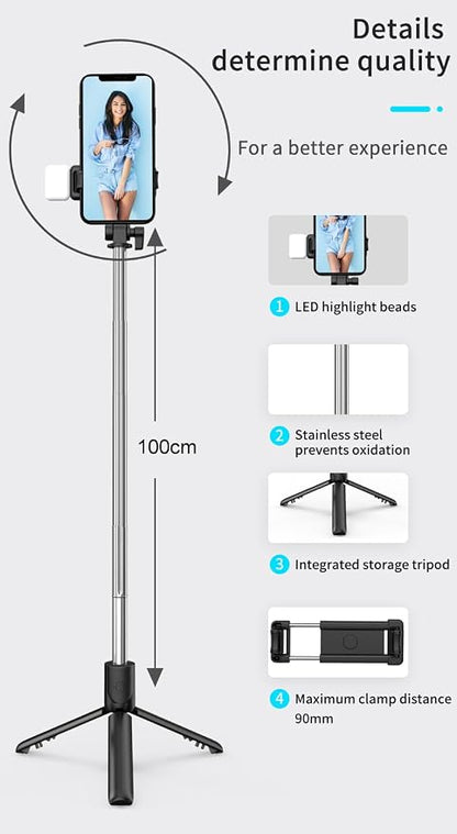 Tianle Selfie Stick with Fill Light, 40 Inch Phone Tripod Extendable Cell Phone Tripod Stand with Wireless Remote and Phone Holder Compatible with iPhone Android for Selfie, Video Recording, Photo
