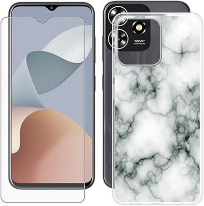 Cover for ZTE Blade A73 (6.52 inch) Case + Screen Protector，Tempered Glass 9H Hardness Protective Film and Soft Silicone Bumper Shell Transparent TPU Phone case -Marble