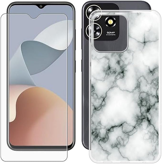 Cover for ZTE Blade A73 (6.52 inch) Case + Screen Protector，Tempered Glass 9H Hardness Protective Film and Soft Silicone Bumper Shell Transparent TPU Phone case -Marble