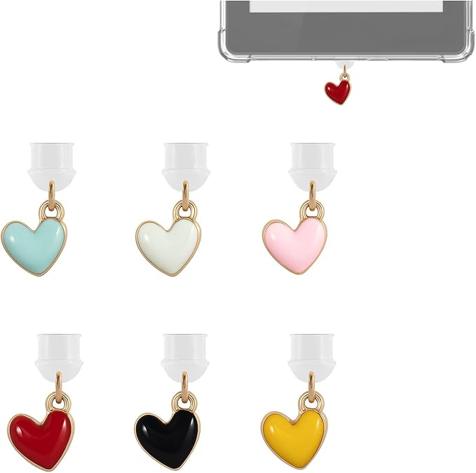 Heart Shape Dust Plug Charms, 6PCS Alloy Enamel Anti-Dust Decorative Port Covers Compatible with Type-C Devices, Multi-Color Protective Phone Accessories Gift Set