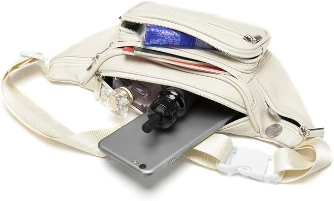 Leather Fanny Pack Waist Bag for Men Women Outdoor Travel Hiking Camping Walking Running Hip Bum Belt Slim Cell Phone Purse Wallet Pouch (Beige)