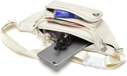 Leather Fanny Pack Waist Bag for Men Women Outdoor Travel Hiking Camping Walking Running Hip Bum Belt Slim Cell Phone Purse Wallet Pouch (Beige)