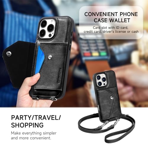 LUCKYCOIN for iPhone 16 Pro Max Crossbody Wallet Case – Genuine Leather Phone Purse with Adjustable Strap and Card Holder,Lanyard Phone Purse Case for Women,Vintage Black