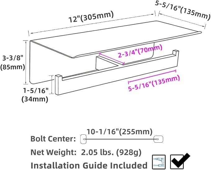 APLusee Matte Black Double Toilet Paper Holder with Shelf, 304 Stainless Steel Bathroom Tissue Roll Holder, Commercial Paper Dispenser Wall Mounted