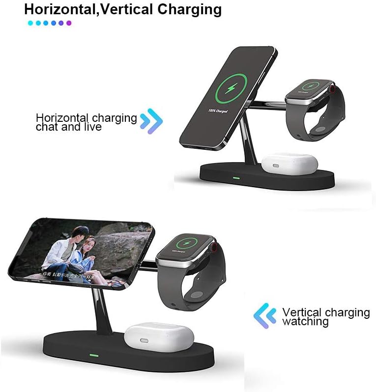 5 in 1 Magnetic Wireless Charging Stand, 15W Fast Mag-Safe Charging Station ，Design for iPhone 15/14/13/12 Series, iWatch 7/SE/6/5/4/3/2, Airpods 3/2/Pro