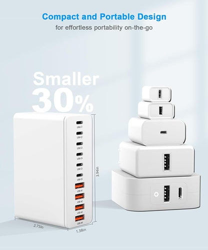 USB C Charging Station 10 Port with 4 Cables,200W GaN Type C Charger Block | Wall Charger Power Strip Adapter Plug for iPad iPhone17 16 15 14 13 12 Pro Max Pixel Note Galaxy White