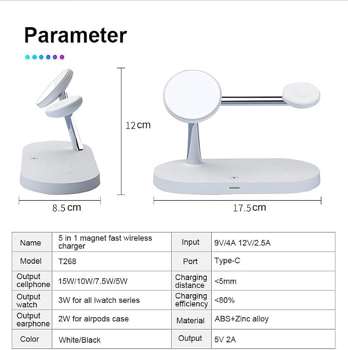 5 in 1 Magnetic Wireless Charging Stand, 15W Fast Mag-Safe Charging Station ，with Neutral Light Design for iPhone 17/16/15/14/13/12 Series, iWatch 7/SE/6/5/4/3/2, Airpods 3/2/Pro (White)