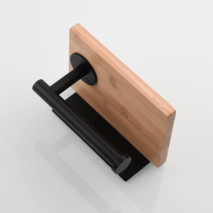 Tecmolog Stainless Steel Paper Towel Roll Holder Self Adhesive Black Toilet Paper Holder with Wood Shelf, SBH263B