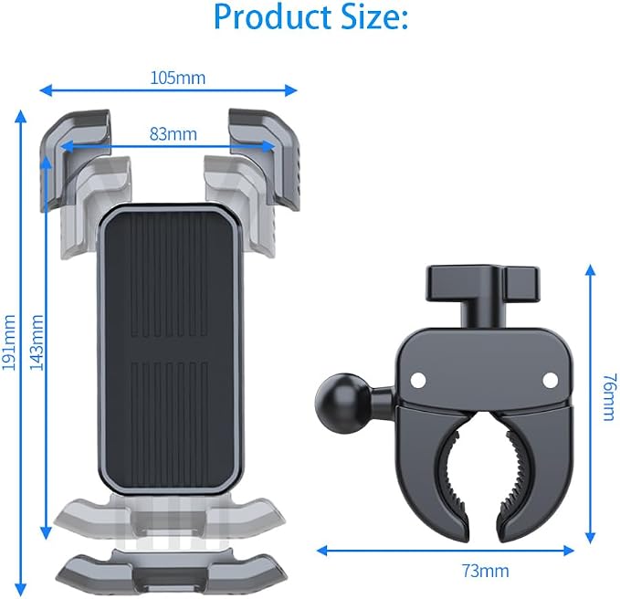 Motorcycle Phone Mount, Bike Phone Holder Handlebar for iPhone Samsung Android 4-7" Smartphones, Cell Phone Clamp, E-Bike Scooter Golf Cart Accessories kit