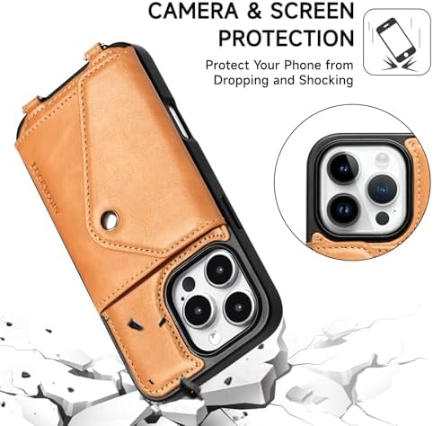 LUCKYCOIN for iPhone 16 Pro Crossbody Wallet Case – Genuine Leather Phone Purse with Adjustable Strap and Card Holder,Lanyard Phone Purse Case for Women,Vintage Tan