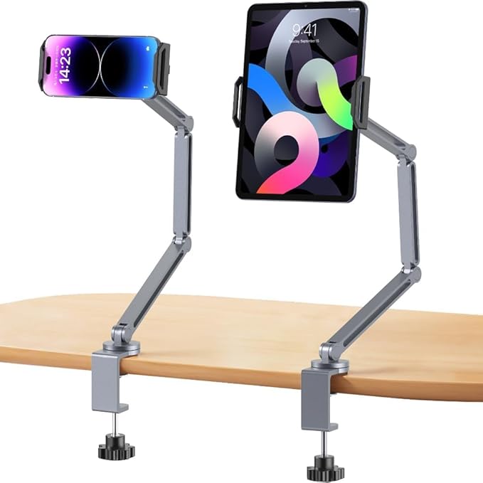 Tablet Arm Mount with Super Grip, Adjustable Foldable Holder & Heavy Duty Aluminum 360° Rotating Clamp for iPad, Phone, Monitor, Kindle - Universal for Desk, Bed, Kitchen - Space Grey