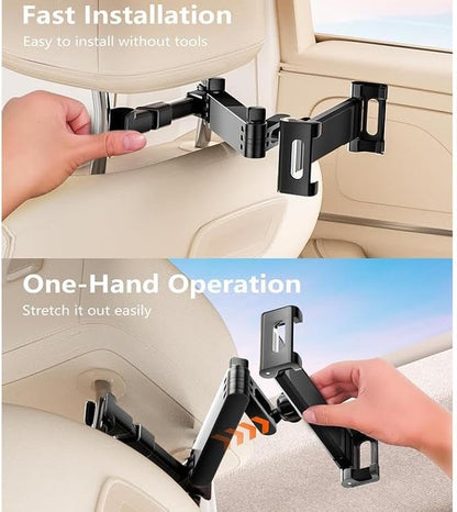 Car Headrest Phone Tablet Holder, 360° Rotating Extension Arm, Fits 4.7-11 Inch, Universal Travel Must-Have for Kids, Universal Smartphone Holder