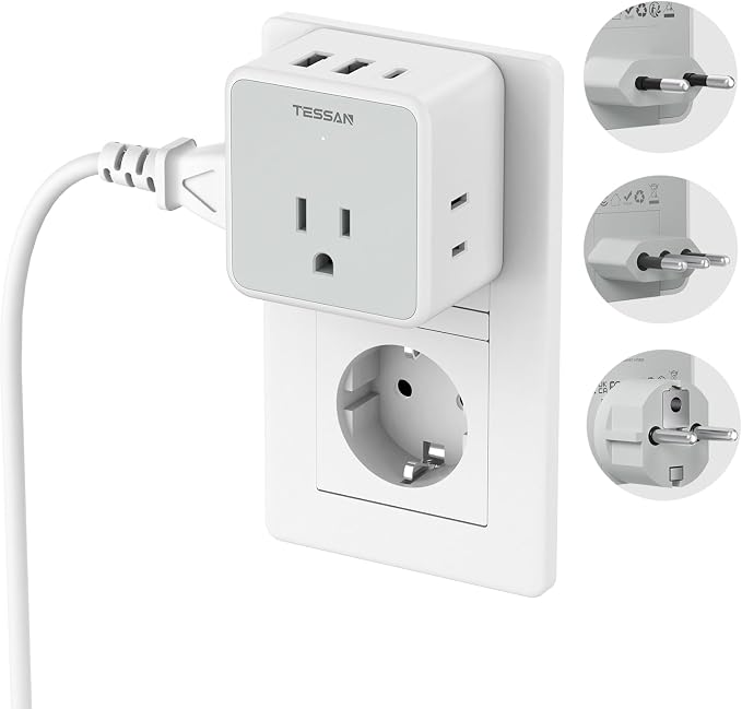 TESSAN All European Italy Travel Plug Adapter Kit | International Detachable, 3 Outlet 3 USB Ports (1 USB C), Type C/E/F/L EU Power Adaptor, US to France Germany Spain Greece