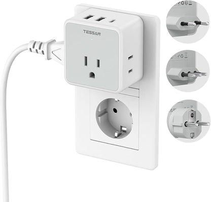 TESSAN All European Italy Travel Plug Adapter Kit | International Detachable, 3 Outlet 3 USB Ports (1 USB C), Type C/E/F/L EU Power Adaptor, US to France Germany Spain Greece