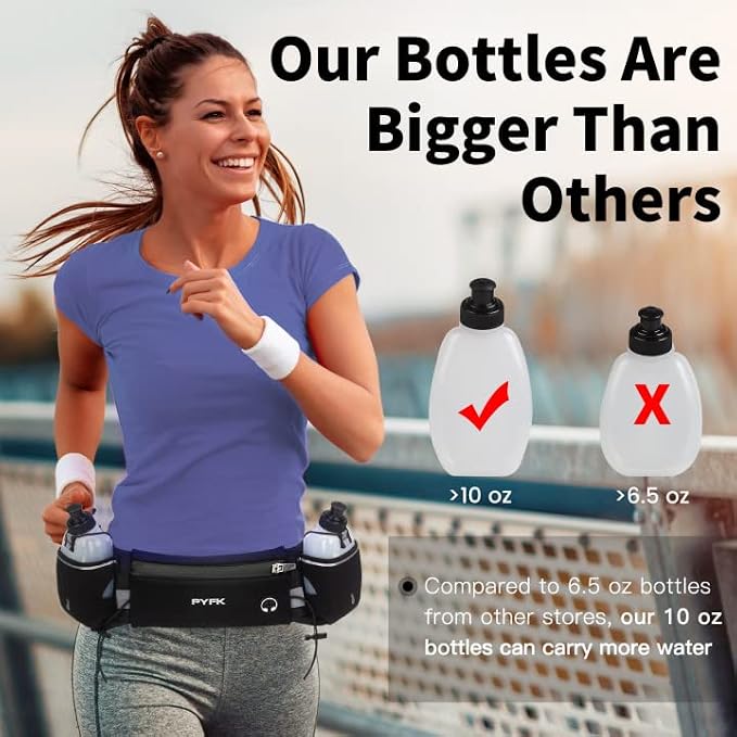 PYFK Running Belt with Water Bottles, Hydration Belt for Men and Women, Water Bottle Holder Running Pouch Water Belt, Fanny Pack Fits 7 inches Phones, Waist pack for Runner Jogging