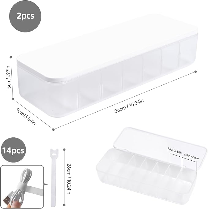 PAVSTINE 2 Pcs Cable Organizer Storage Box with Lid, 14 Wire Ties, White | Adjustable Dividers, Holds Power Cords & Charger, Dust-Proof, Desktop Accessories & Stationery Storage for Home & Office