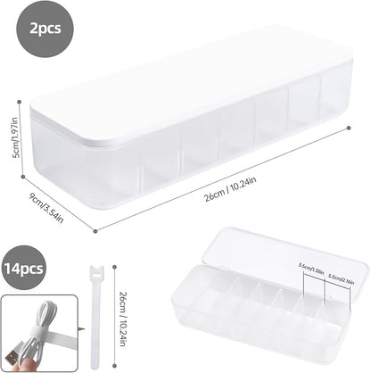 PAVSTINE 2 Pcs Cable Organizer Storage Box with Lid, 14 Wire Ties, White | Adjustable Dividers, Holds Power Cords & Charger, Dust-Proof, Desktop Accessories & Stationery Storage for Home & Office