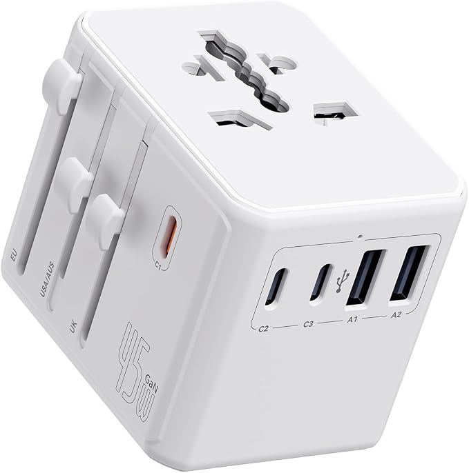 Auxmir Universal Travel Adapter, 45W PD Fast Charging Travel Plug Adapter with 2 USB-A and 3 USB-C Ports，International Adapter for EU, USA, UK, Asia, Worldwide Use, White