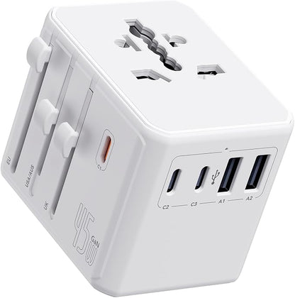 Auxmir Universal Travel Adapter, 45W PD Fast Charging Travel Plug Adapter with 2 USB-A and 3 USB-C Ports，International Adapter for EU, USA, UK, Asia, Worldwide Use, White