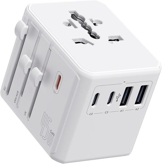 Auxmir Universal Travel Adapter, 45W PD Fast Charging Travel Plug Adapter with 2 USB-A and 3 USB-C Ports，International Adapter for EU, USA, UK, Asia, Worldwide Use, White