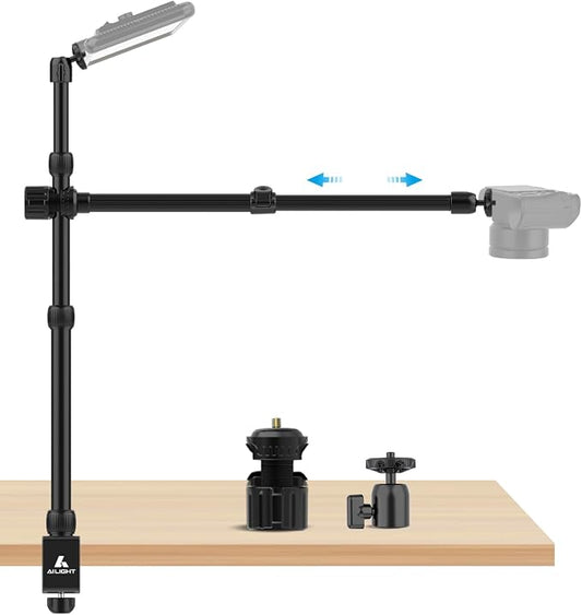 Ailight Overhead Camera Mount Desk Stand, 15.75"-33.45" Webcam Mount with 2-Section Adjustable Telescopic Boom Arm, C Clamp/Swiveling Ball Head for DSLR Camera, Phone Clip, Ring Light, Webcam