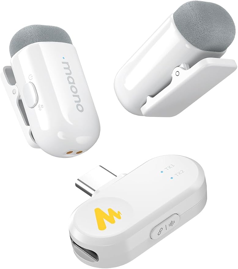MAONO Wave T1 Mini Wireless Lavalier Microphone with USB-C Plug for iPhone 16 15, Android, Tablet, PC, Clip on Lapel Mic, Noise Cancellation, AI Voice Filter for Video Recording Vlog TikTok White