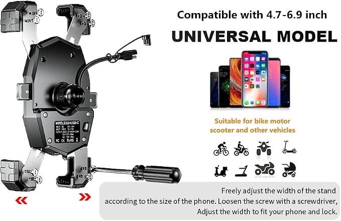 Kewig Motorcycle Phone Mount with Qi 15W Wireless Charger & USB C 20W Fast Charging Port, One-Push Automatically Lock & Quick Release Handlebar Phone Holder for 4.0-6.9" Phone