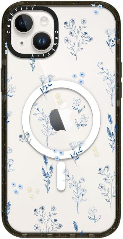 CASETiFY Impact iPhone 14 Plus Case [4X Military Grade Drop Tested / 8.2ft Drop Protection/Compatible with Magsafe] - Small Blue Flowers - Clear Black