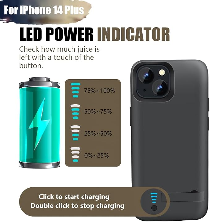 Battery Case for iPhone 14 Plus, 6000mAh Rechargeable Extended Battery Charging Charger Case, Add 100% Extra Juice (6.7 Inches) Black
