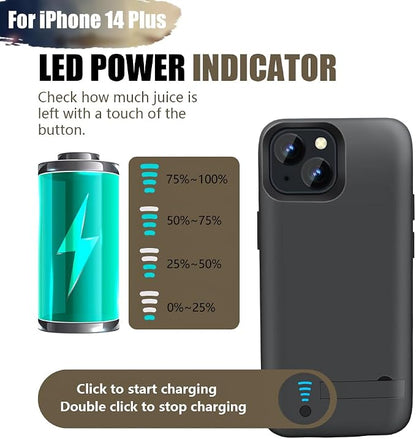 Battery Case for iPhone 14 Plus, 6000mAh Rechargeable Extended Battery Charging Charger Case, Add 100% Extra Juice (6.7 Inches) Black