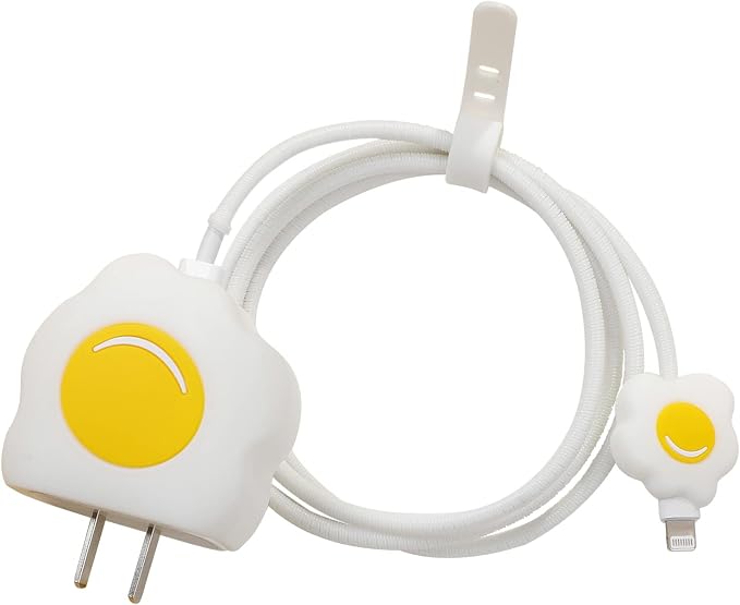 3D Cute Cartoon Charger Protector Case - Compatible for Apple 20W USB-C Power Adapter and Lightning Cable (White Yolk)