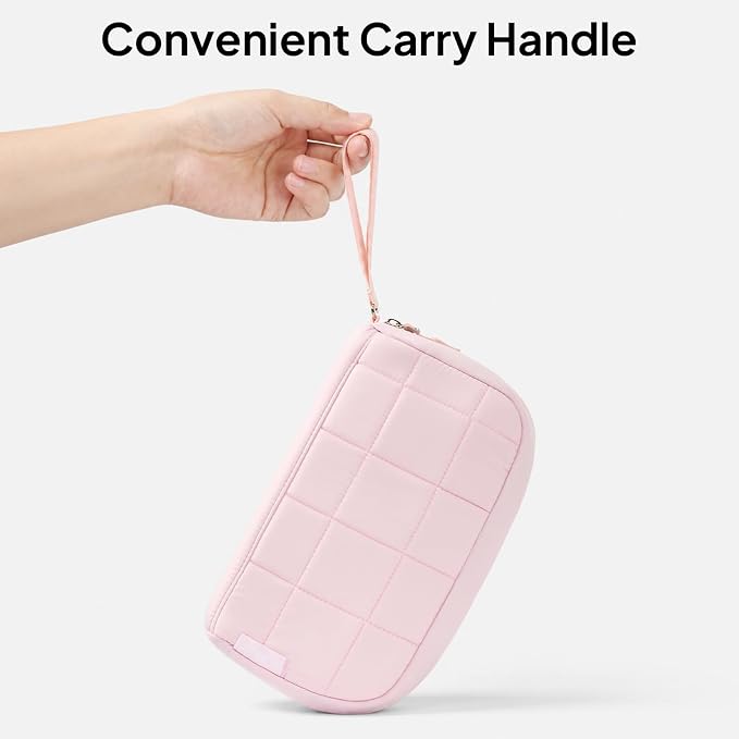 TOPEAST Quilted Cable Organizer Bag, Soft Tech Pouch & Travel Electronics Case with Elastic Pen Loop, Tangle-Free Cord Organizer for Women, Office Desk, AirPods, Chargers & Accessories, Pink