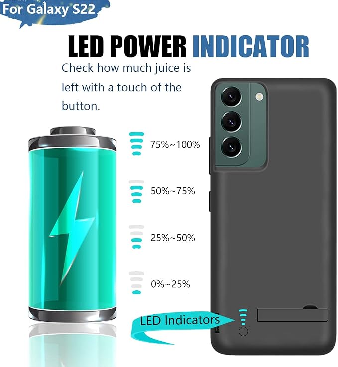 Battery Case for Samsung Galaxy S22, 4800mAh Rechargeable Extended Battery Charging Charger Case, Add 100% Extra Juice, Not Compatible with S22+ or S22 Ultra (6.1 inch) Black
