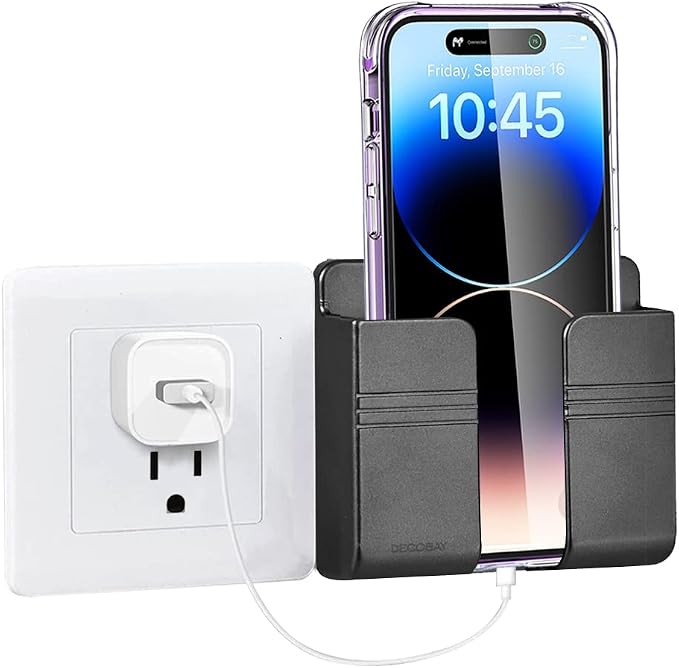Wall Phone Holder, Adhesive Phone Wall Mount with Cable Hole, Bathroom Bedside Kitchen RV Phone Holder Compatible with iPhone, Android Phones and Remote Controls (Gray)
