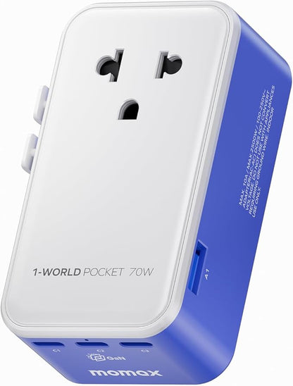(2026 NEW) MOMAX Universal Travel Adapter, Ultra-Thin 70W GaN International Plug Adapter with 3 USB-C, 1 USB-A and AC Outlet, Works in 200+ Countries, Not a Voltage Converter, for International Travel