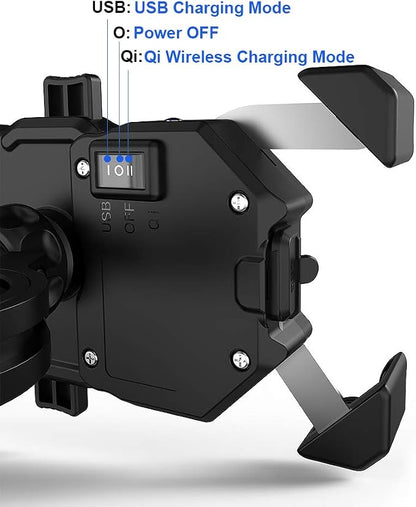 iMESTOU Motorcycle Wireless 15W Qi/USB Quick Charger 3.0 Phone Holder 2 in 1 Mount on 22-32mm Handlebar or Rear-View Mirror Fast Charging for 3.5-6.8 inch Cellphones