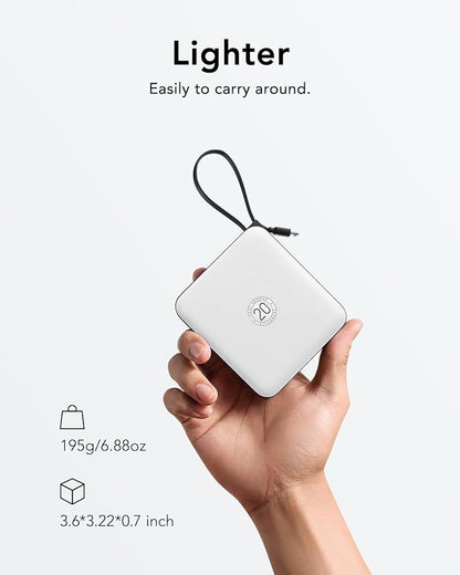 VRURC Portable Charger with Built-in Cable, 10000mAh 22.5W Fast Charging USB C Battery Pack, Cell Phone Power Bank for iPhone 17 16 15 Series Android Tablet (White)