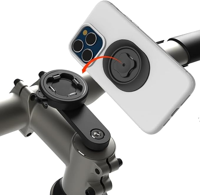 Bike Stem Phone Mount with Quad Safety Buckles – CNC Aluminum Center Holder for iPhone & Android | Quick Install | Anti-Shake Clamp for MTB/Road/Mountain