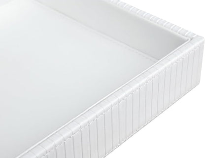 HofferRuffer Faux Leather Vanity Tray, Elegant Desktop Storage Organizer, Decorative Catchall for Perfume, Bathroom Valet, Nightstand or Dresser, 10.2 x 8.4 x 1.8 inches (White Stripe)