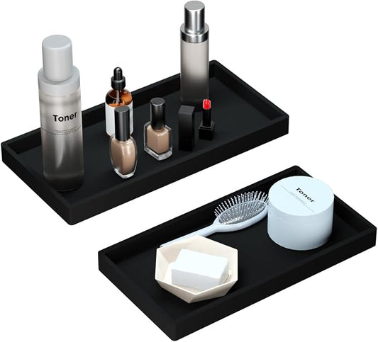 BBK Bathroom Vanity Tray 7.8 in - 2 Pack(Small) Silicone Bathroom Tray for Counter, Perfume Key Trinket Ring Tray, Decor Soap Dispenser Countertop Tray for Kitchen Sink Organization (Black)