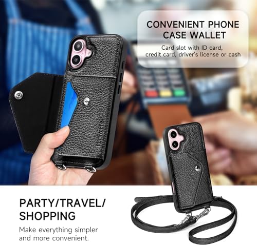 LUCKYCOIN for iPhone 16 Crossbody Wallet Case – Genuine Leather Phone Purse with Adjustable Strap and Card Holder,Lanyard Phone Purse Case for Women,Pebble Grain Black